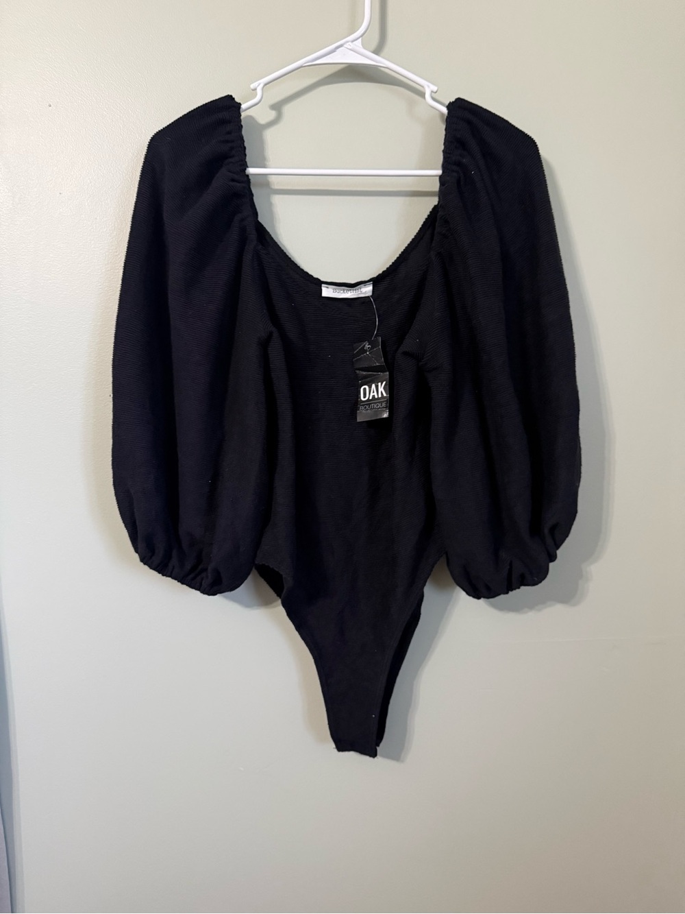 NWT OAK Boutique Bucketlist Black Puff Sleeve Square Neck Bodysuit Women's L
